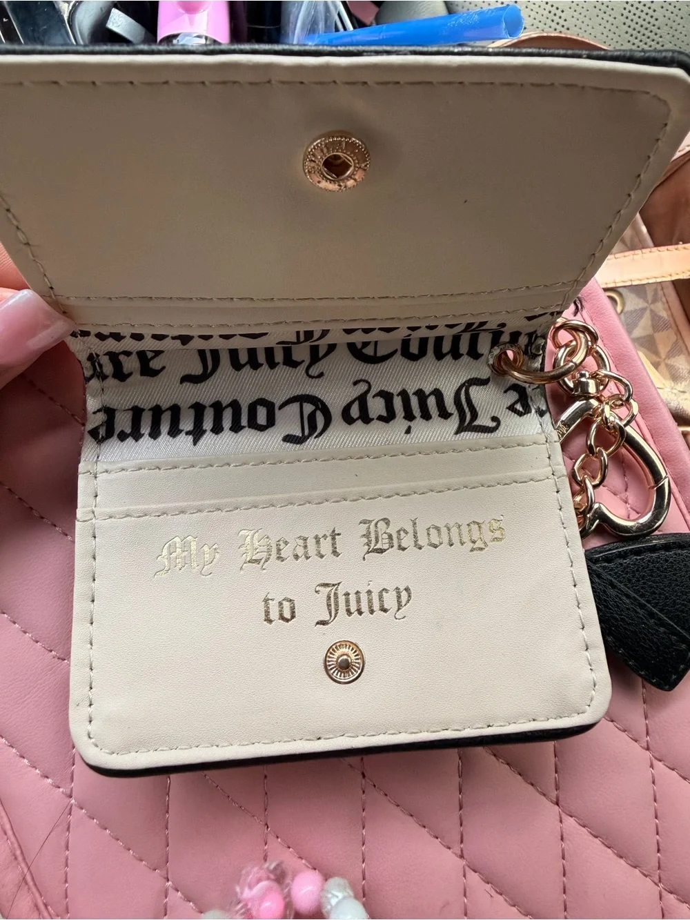 Juicy Couture Black Card Holder Gold Keychain with Pink Card Insert